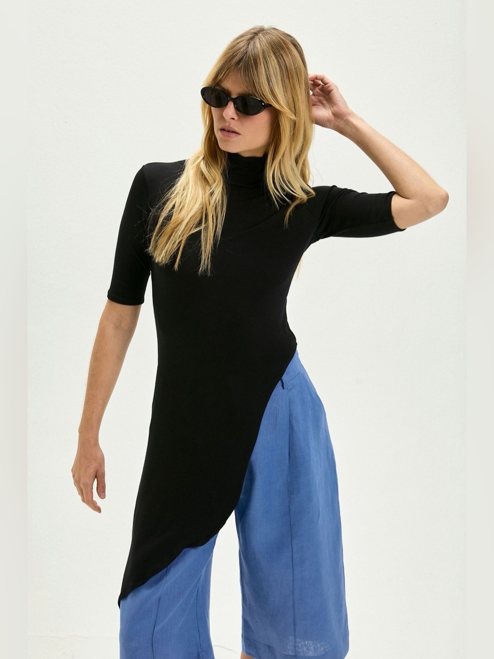 Black Asymmetrical Mock Neck Blouse
